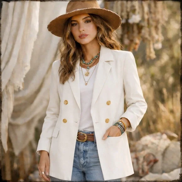 Free People Olivia Ivory Oversized Blazer Boho Relaxed Double Breasted S